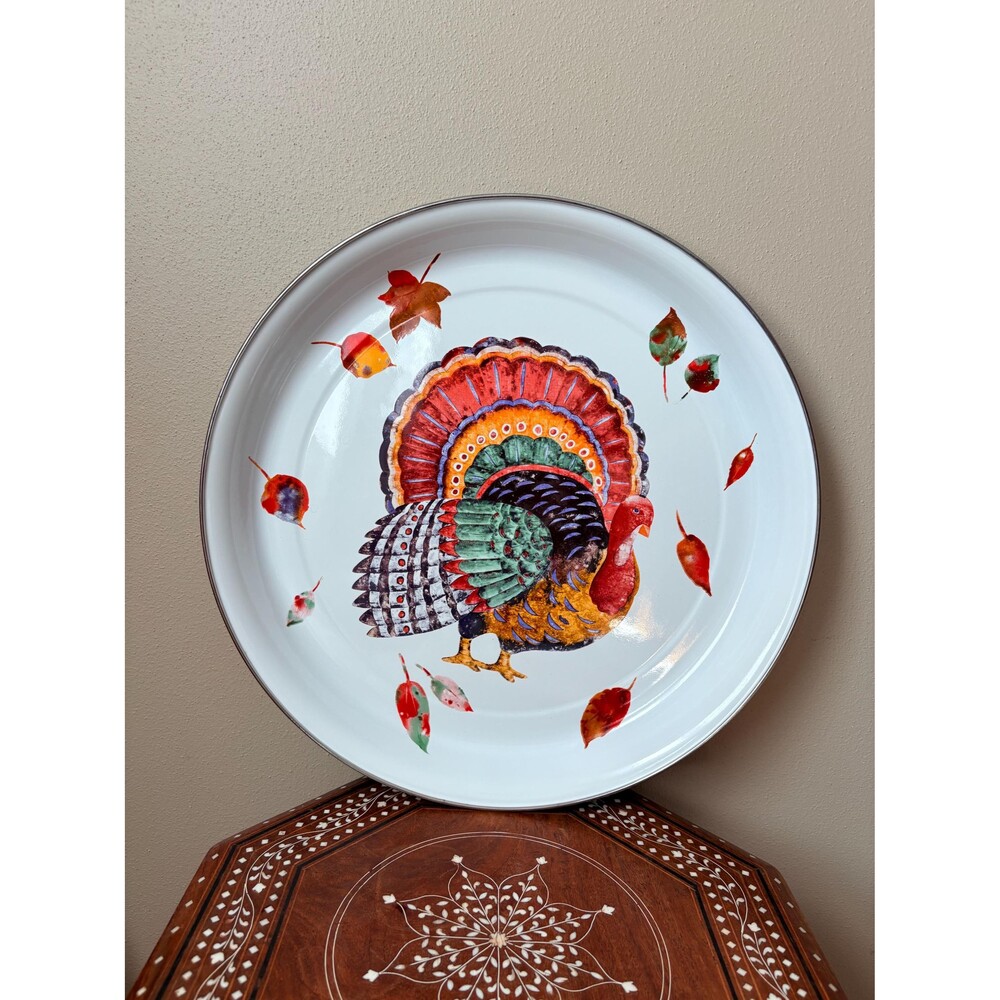 Vintage Hallmark 16” Round Enamel Turkey Tray Platter Thanksgiving Serving Dish
